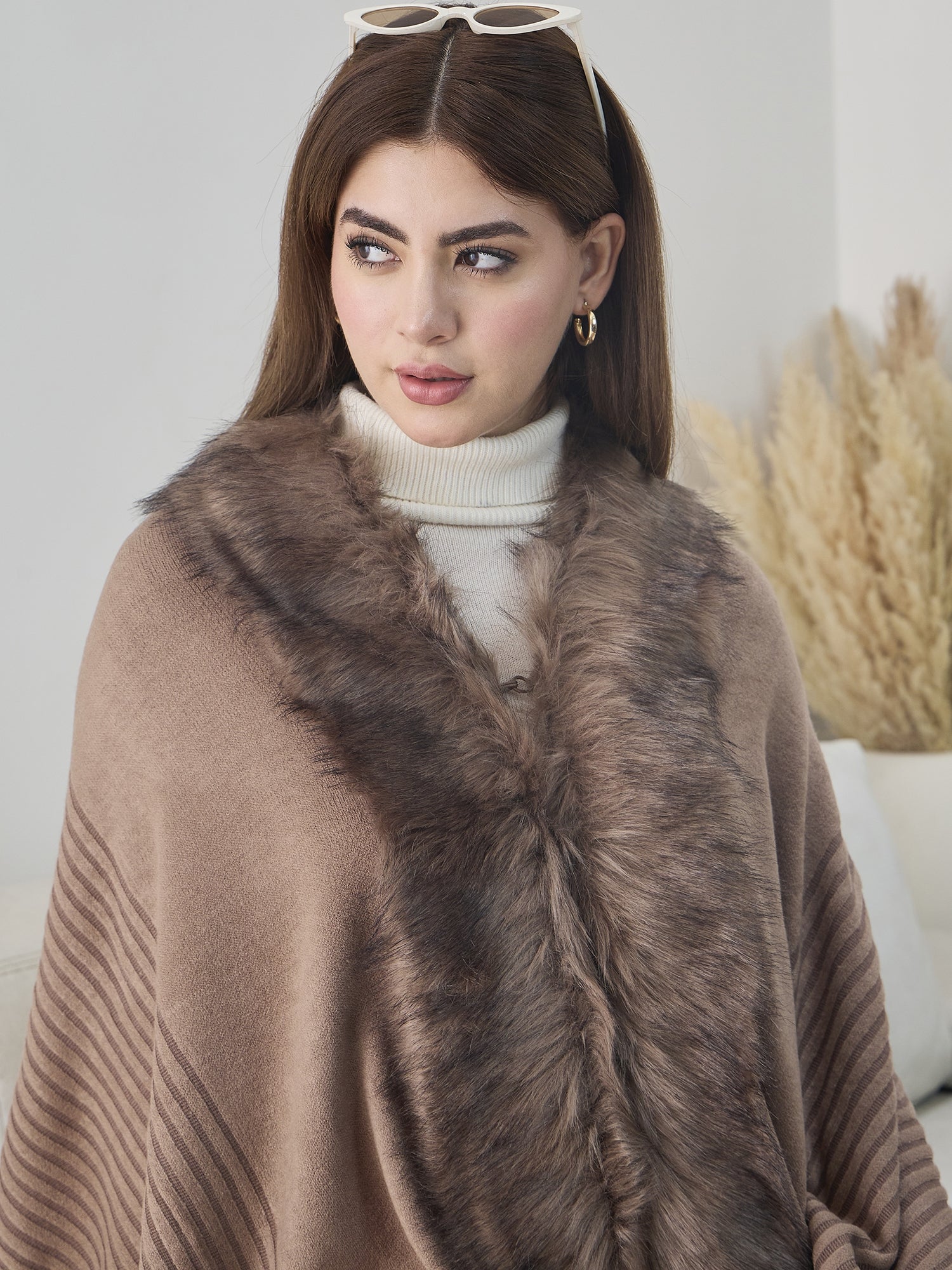 Dull Brown Striped Fur Poncho