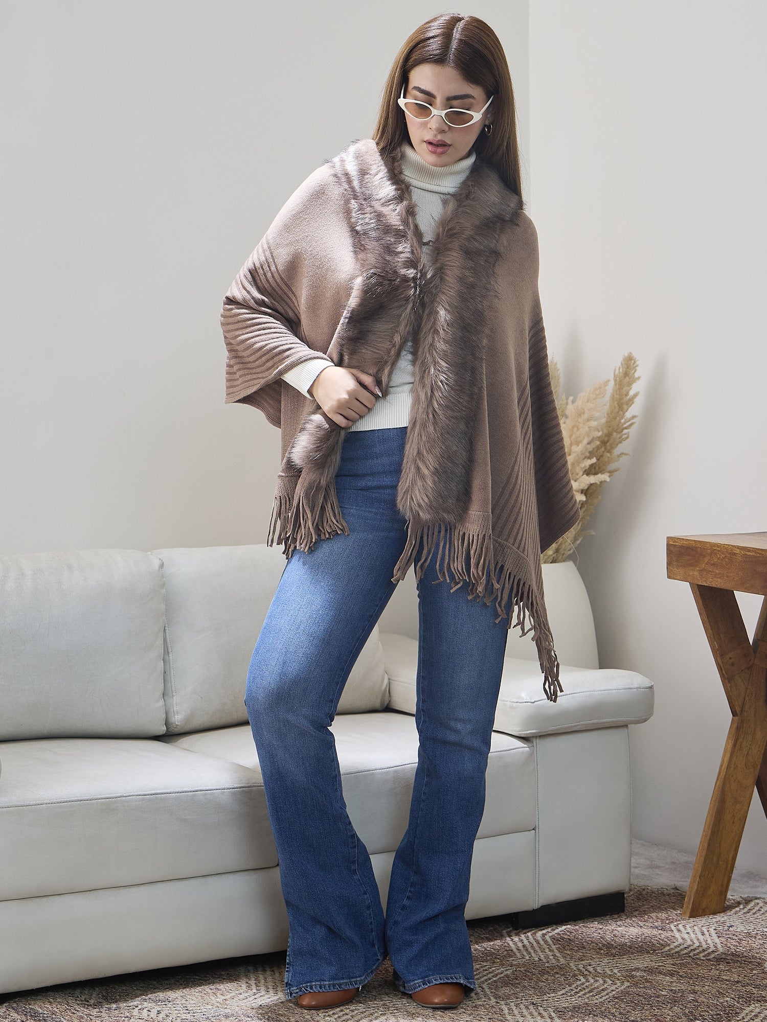 Dull Brown Striped Fur Poncho