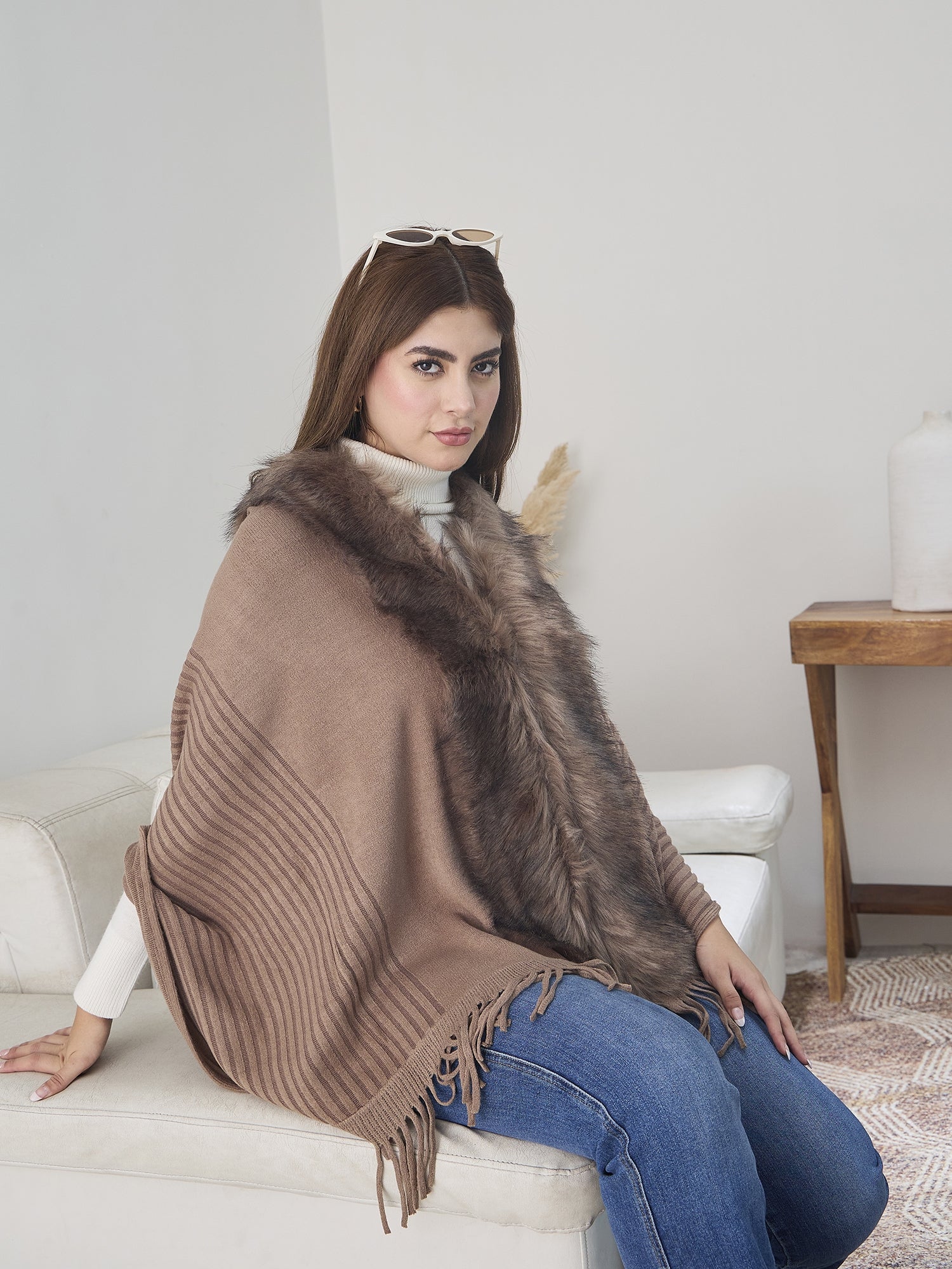 Dull Brown Striped Fur Poncho