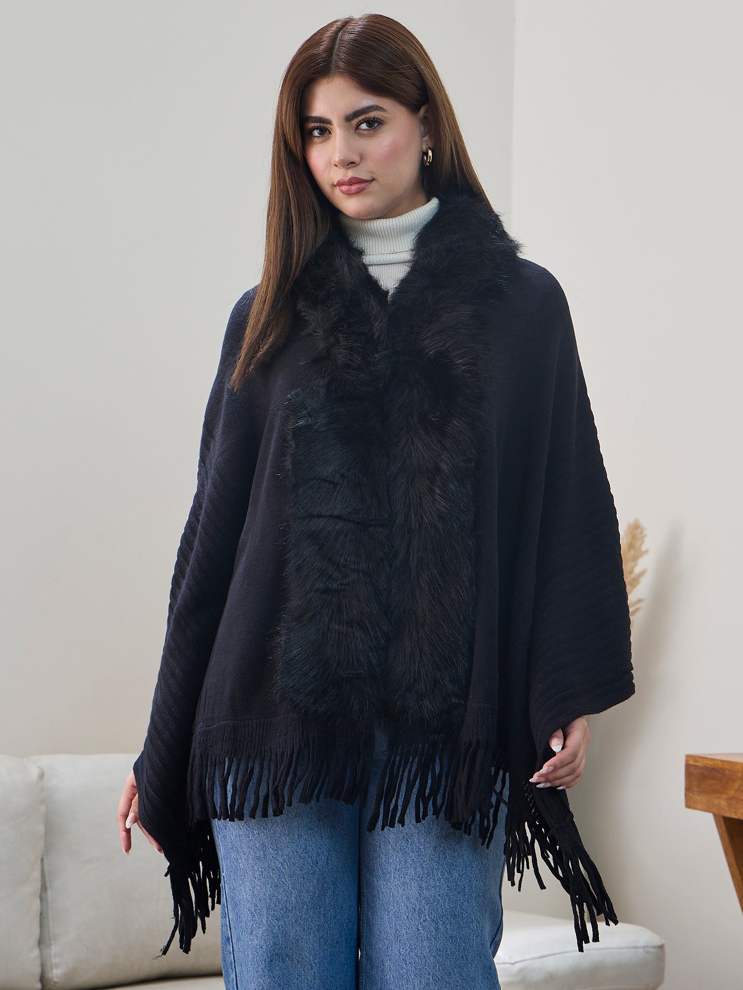 Black Striped Fur Poncho