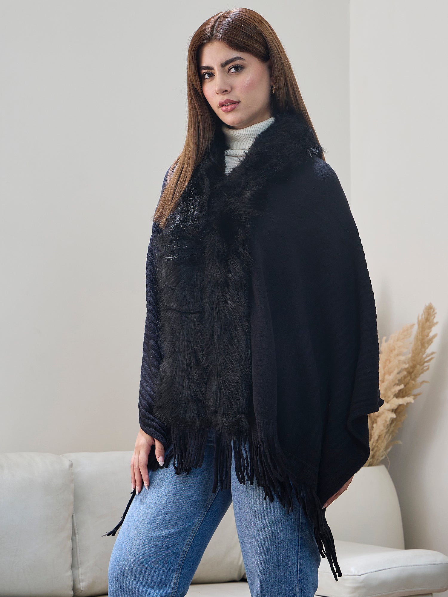 Black Striped Fur Poncho