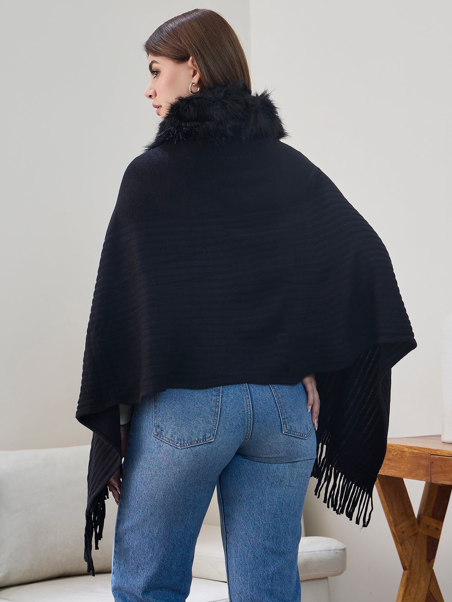 Black Striped Fur Poncho