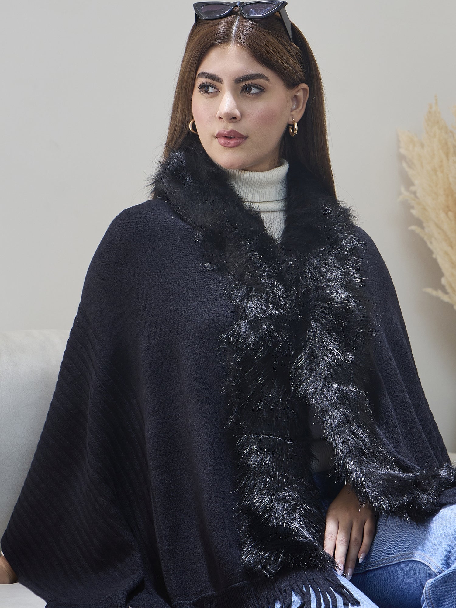Black Striped Fur Poncho