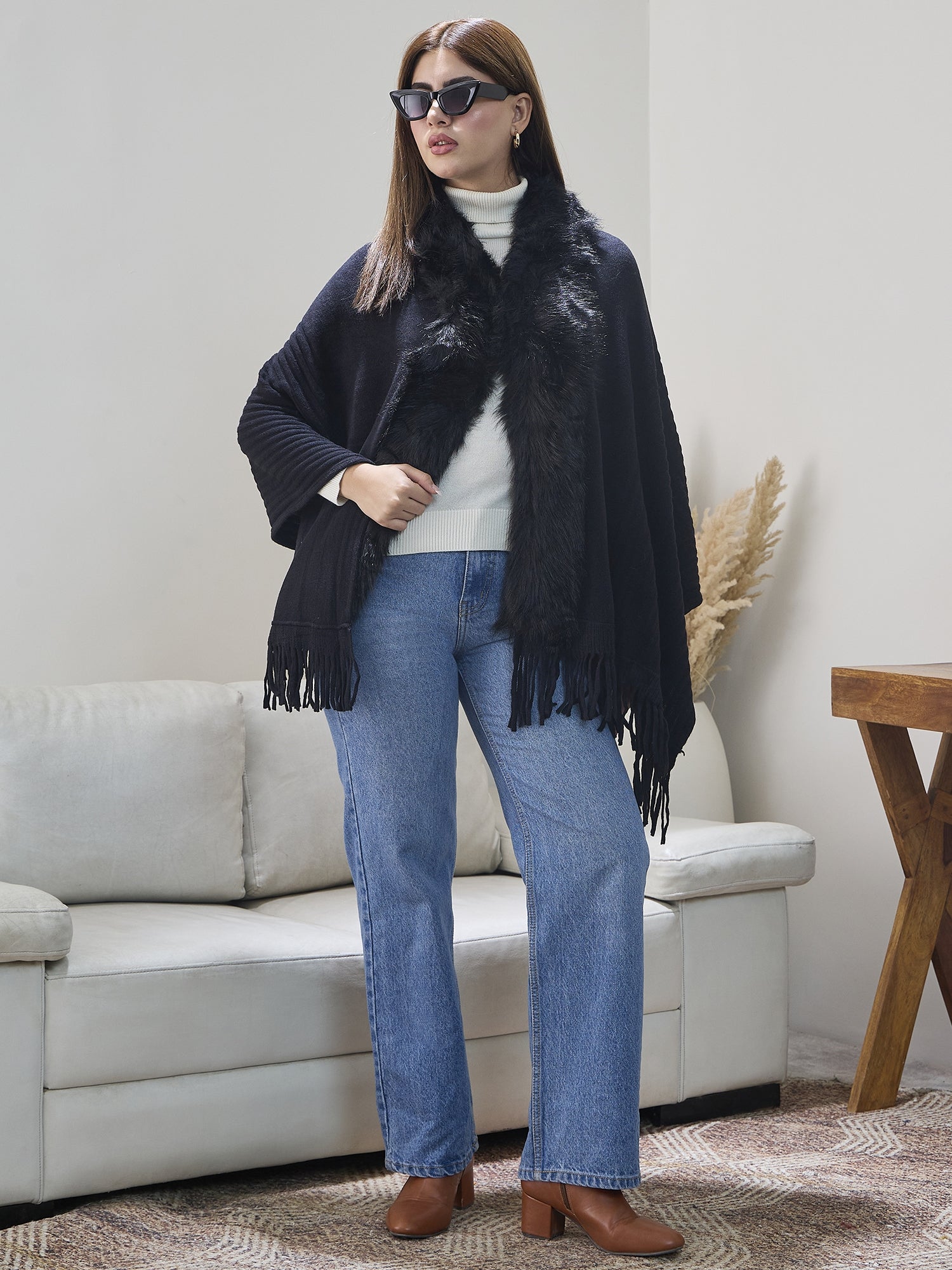 Black Striped Fur Poncho