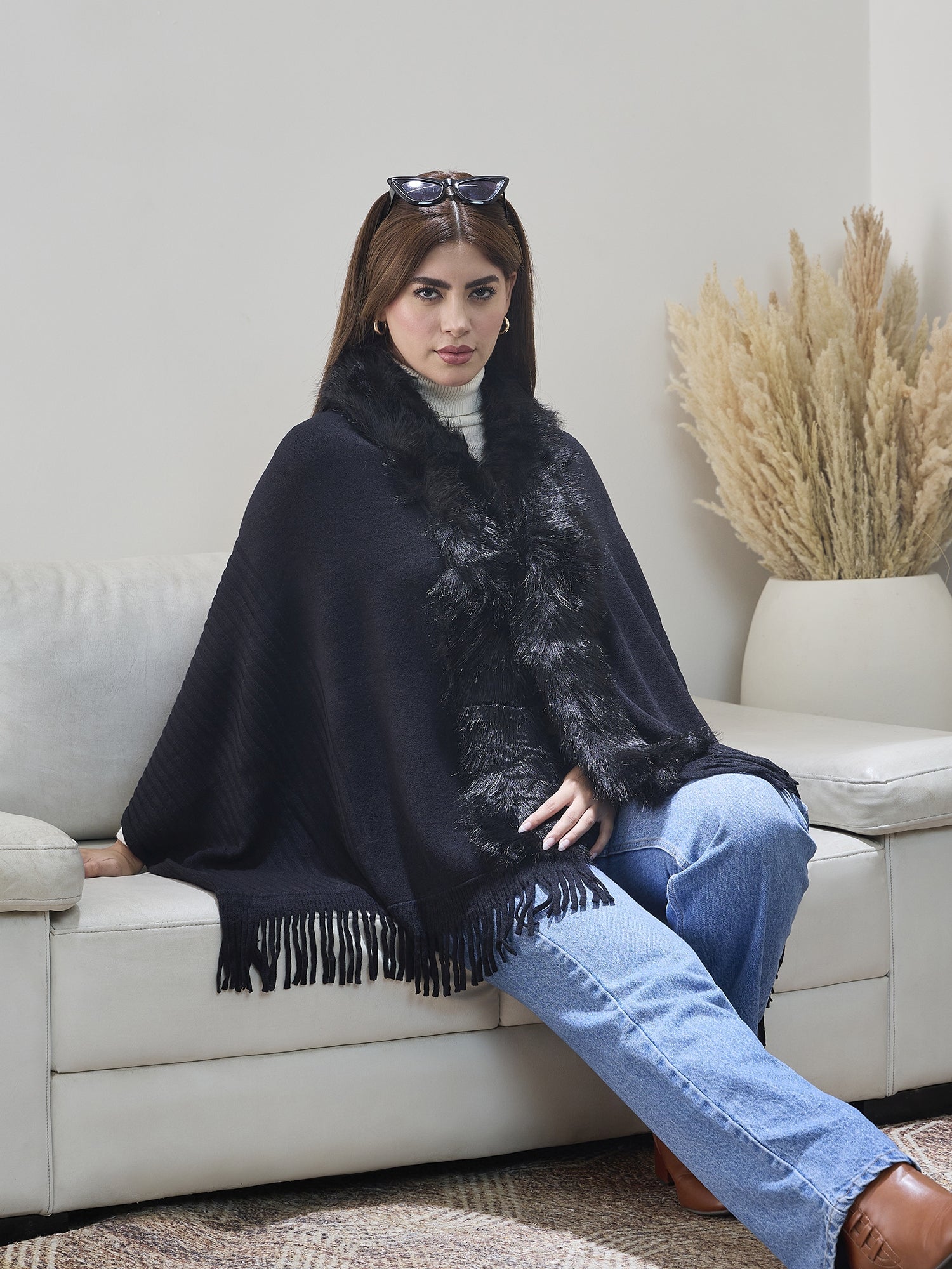 Black Striped Fur Poncho