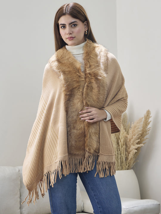 Beige Striped Fur Poncho