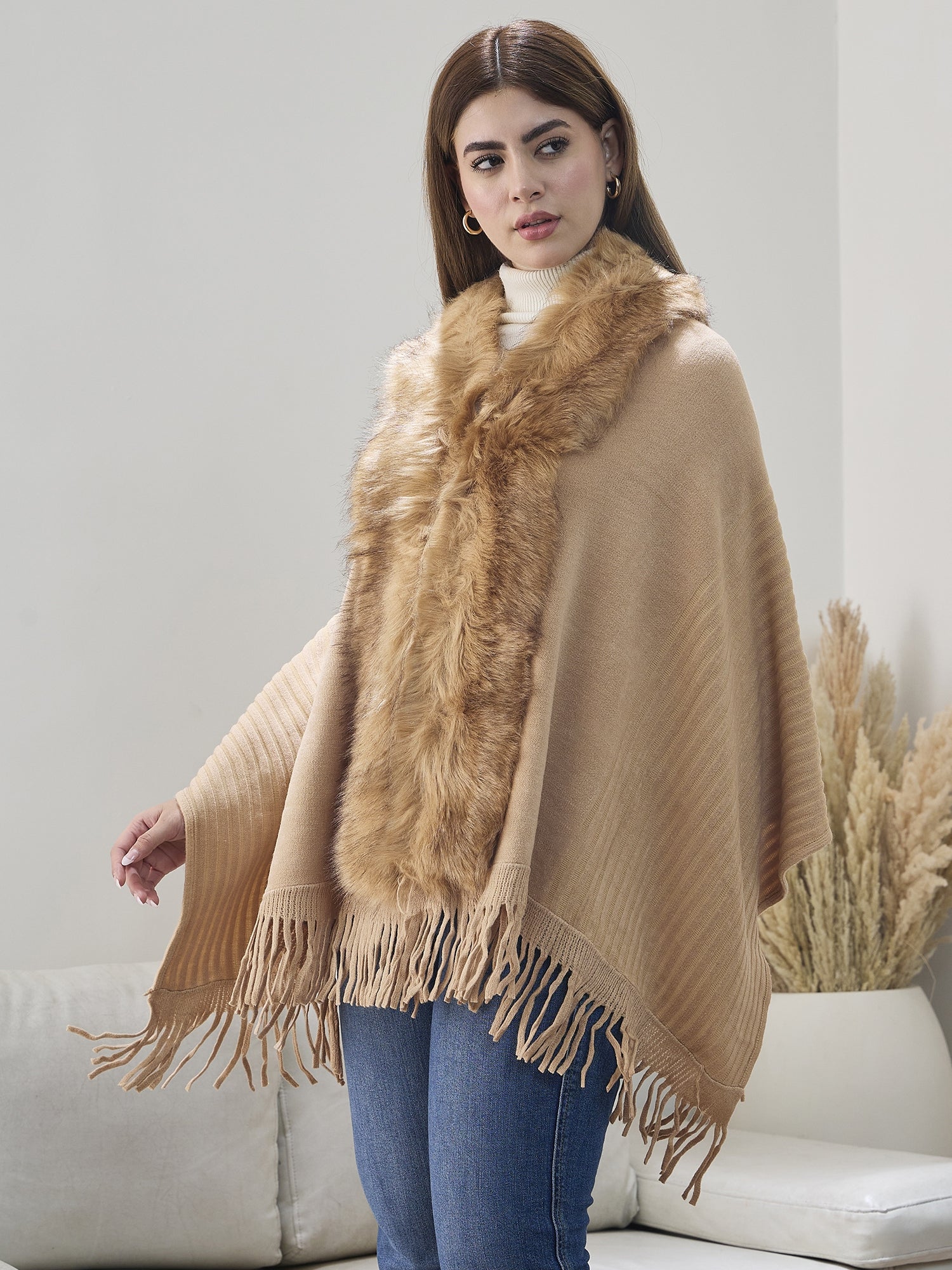 Beige Striped Fur Poncho
