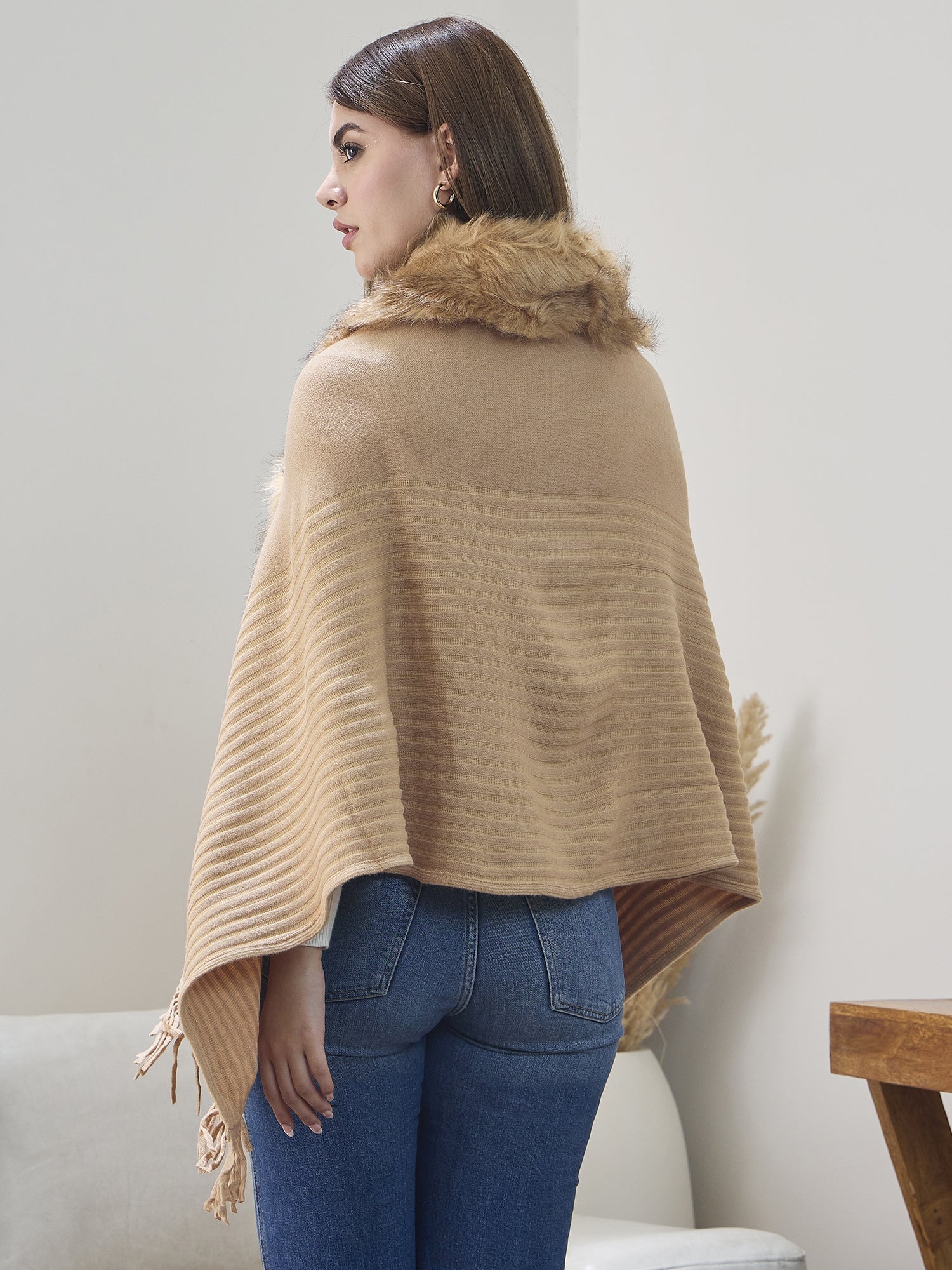 Beige Striped Fur Poncho