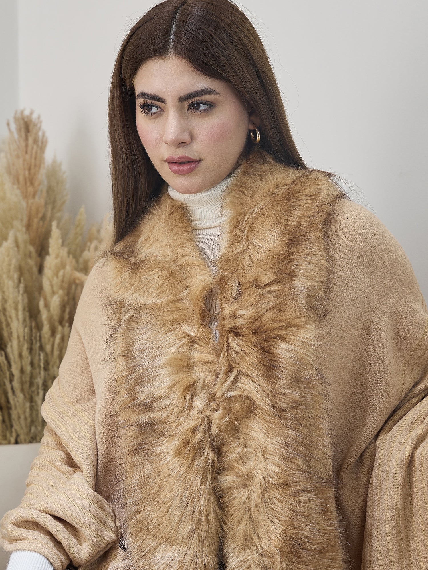 Beige Striped Fur Poncho