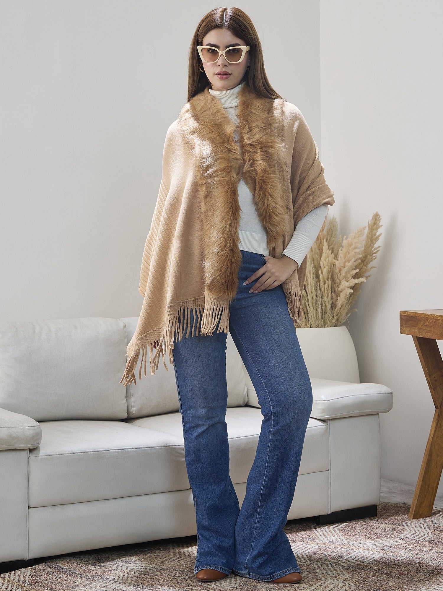 Beige Striped Fur Poncho