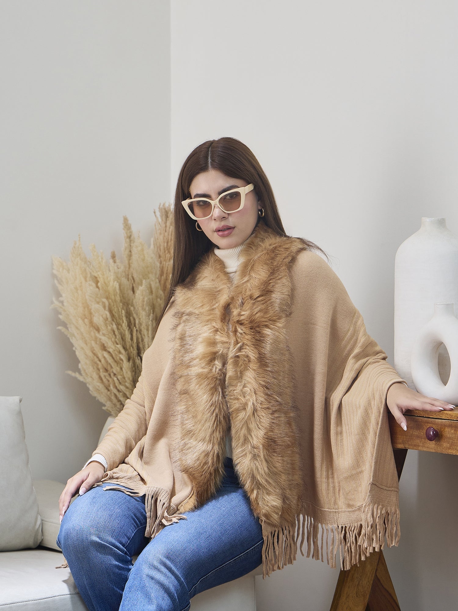 Beige Striped Fur Poncho