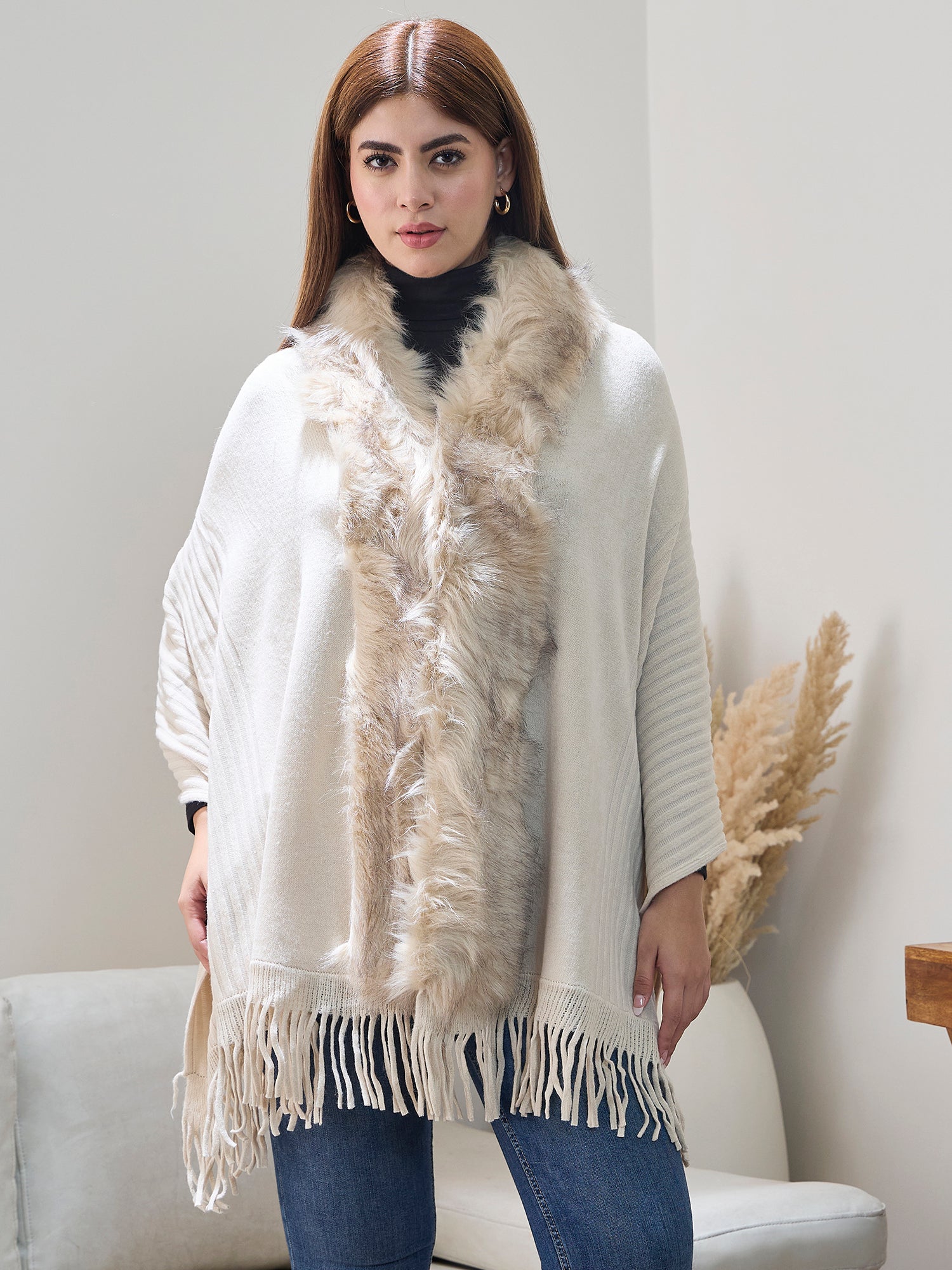 Offwhite Striped Fur Poncho