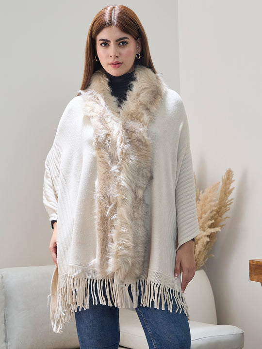 Offwhite Striped Fur Poncho