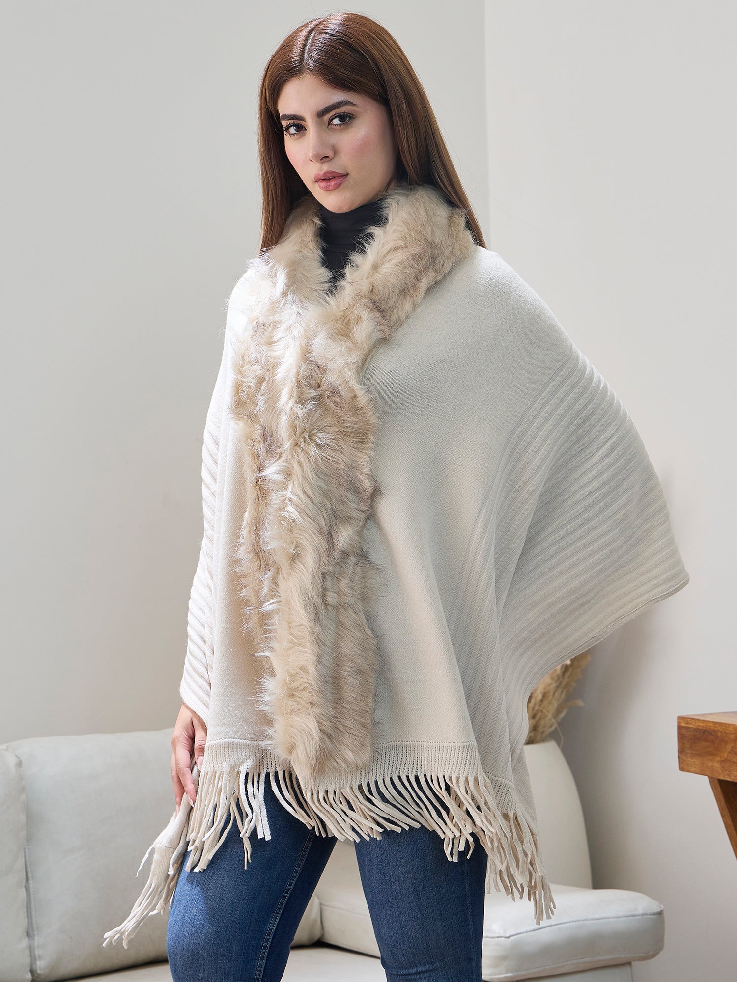 Offwhite Striped Fur Poncho