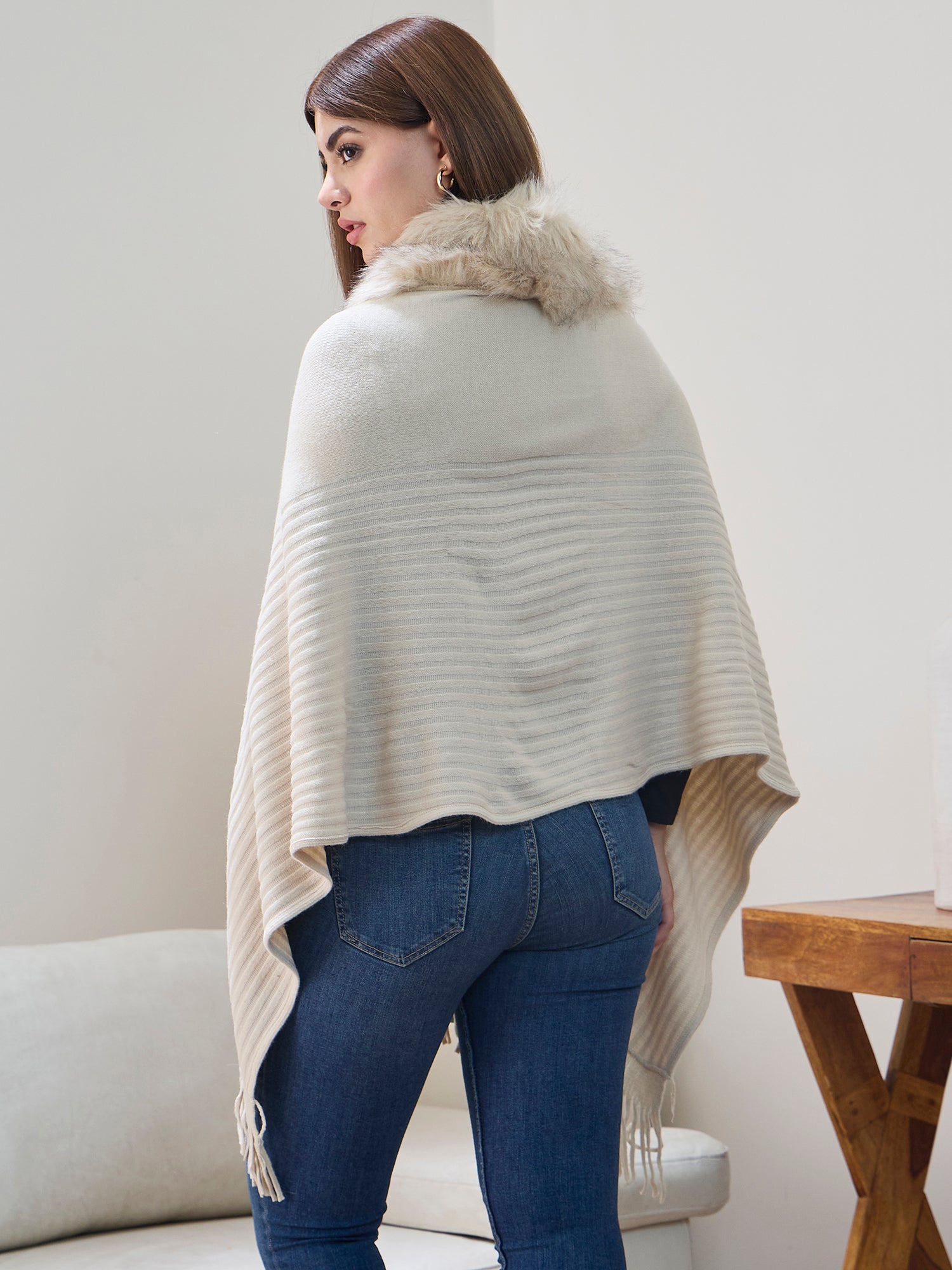 Offwhite Striped Fur Poncho