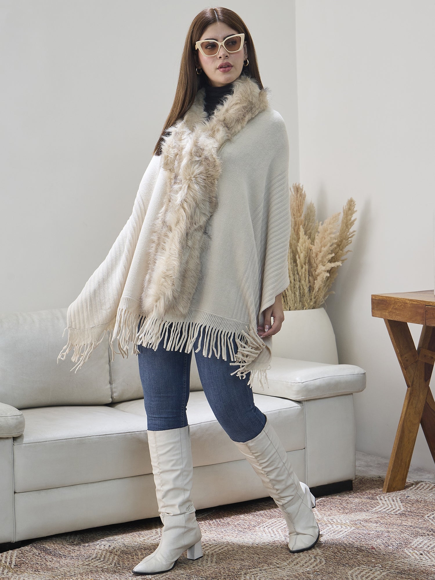 Offwhite Striped Fur Poncho