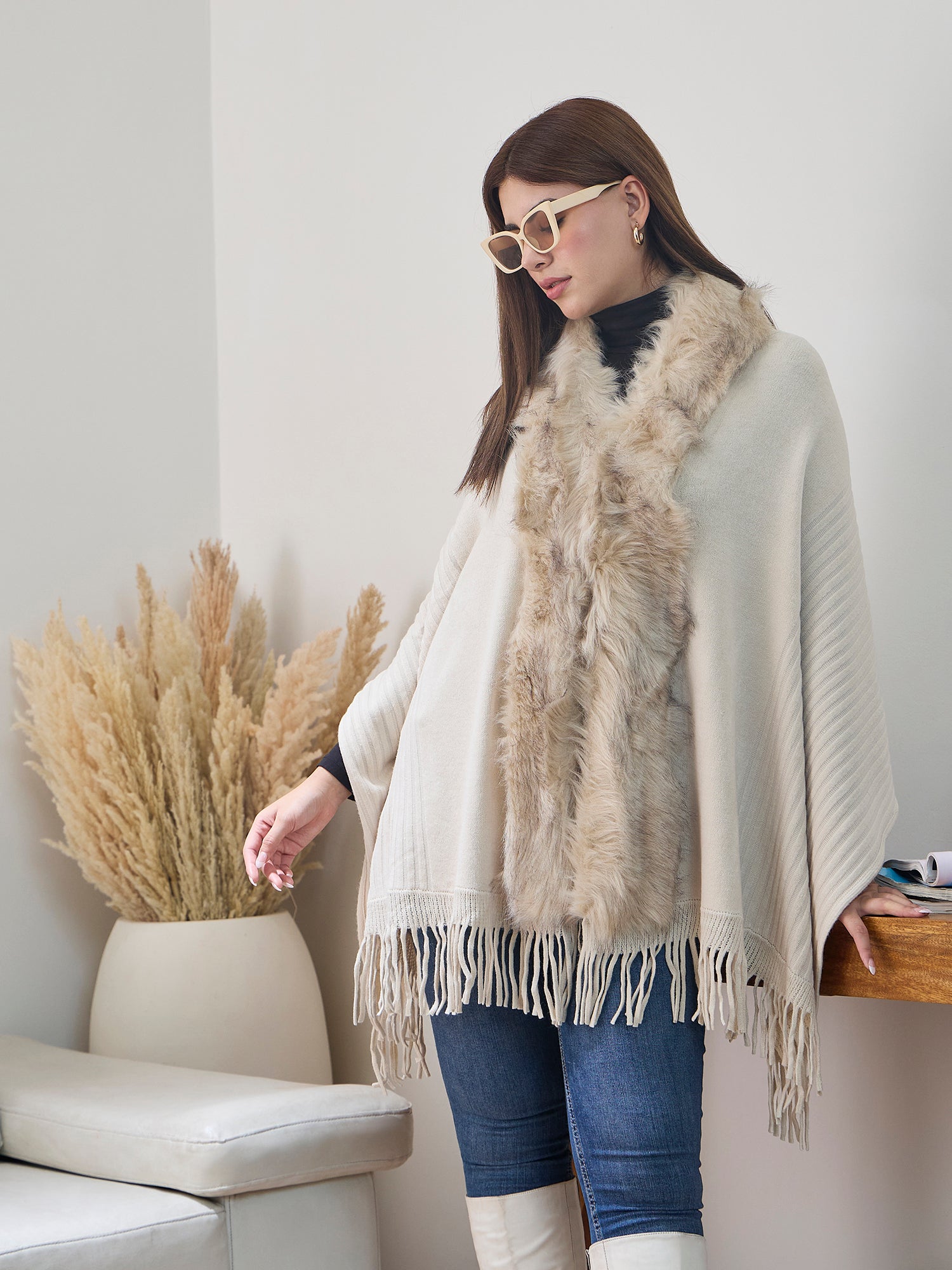 Offwhite Striped Fur Poncho