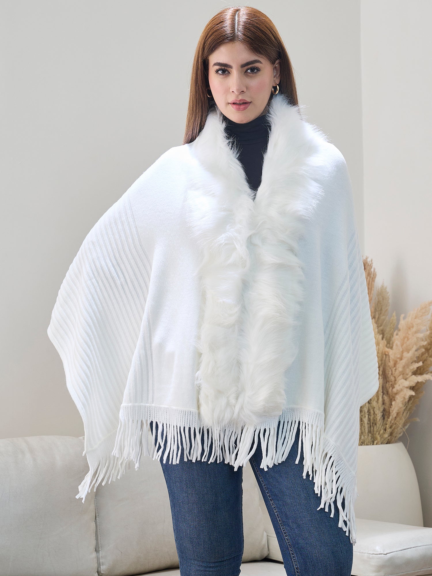 White Striped Fur Poncho