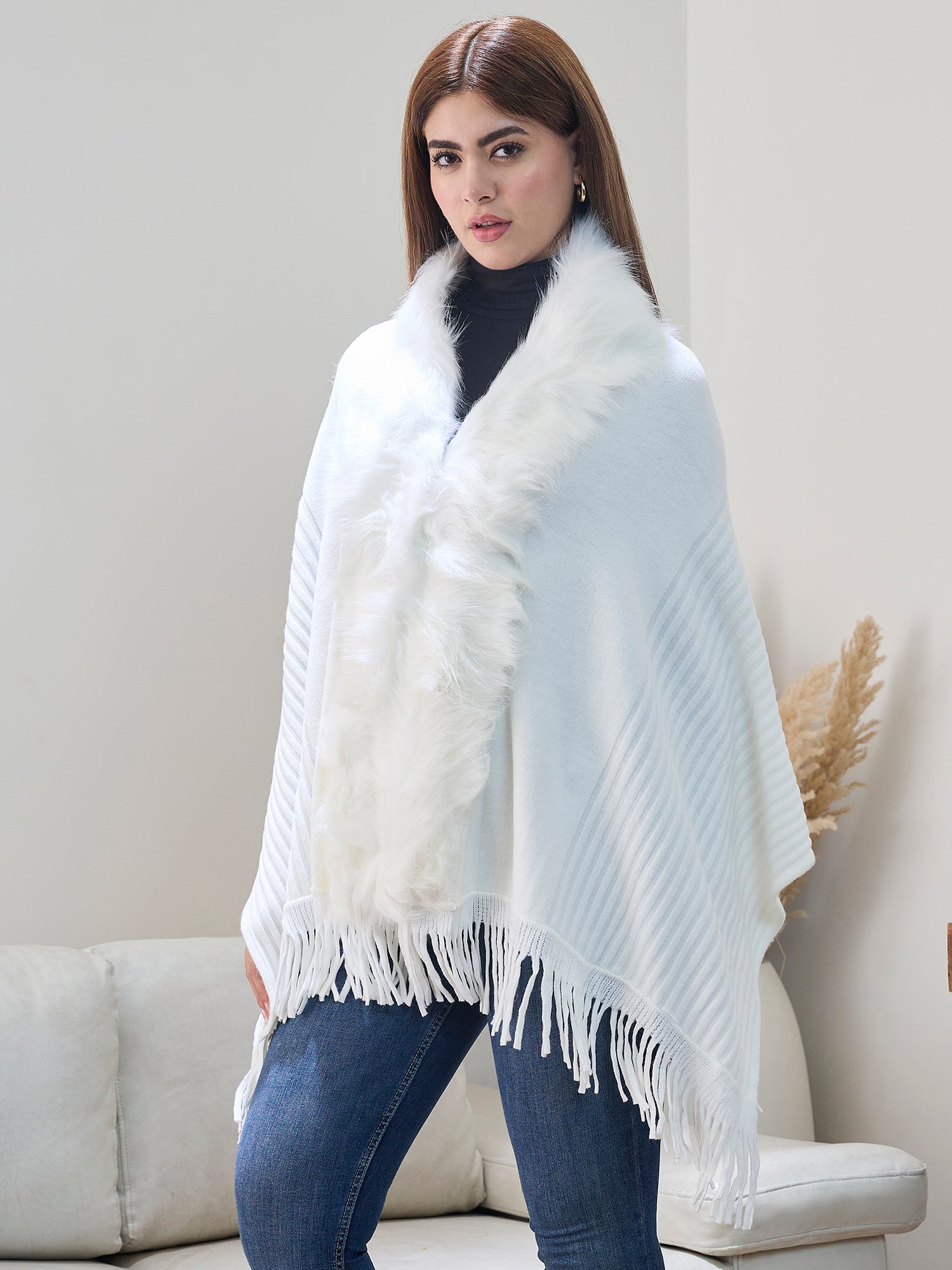 White Striped Fur Poncho