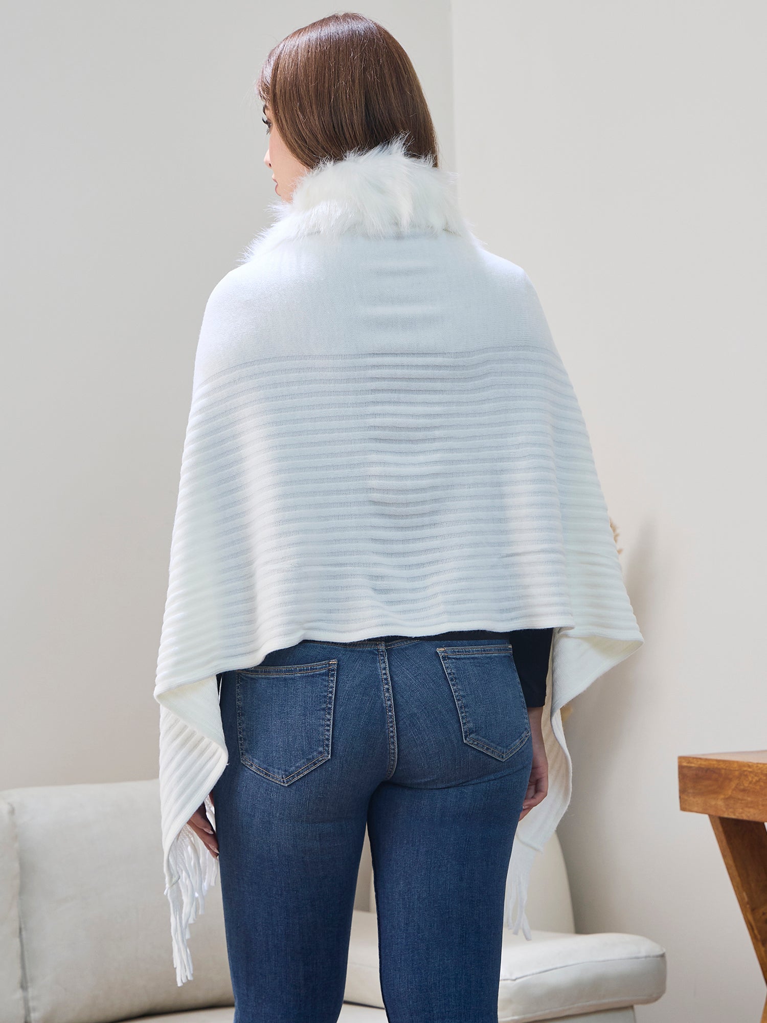 White Striped Fur Poncho