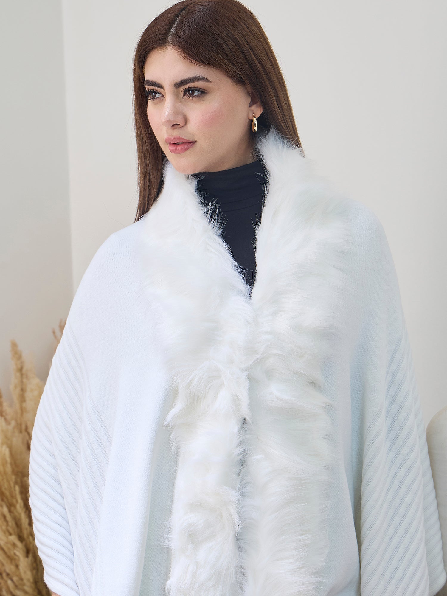 White Striped Fur Poncho