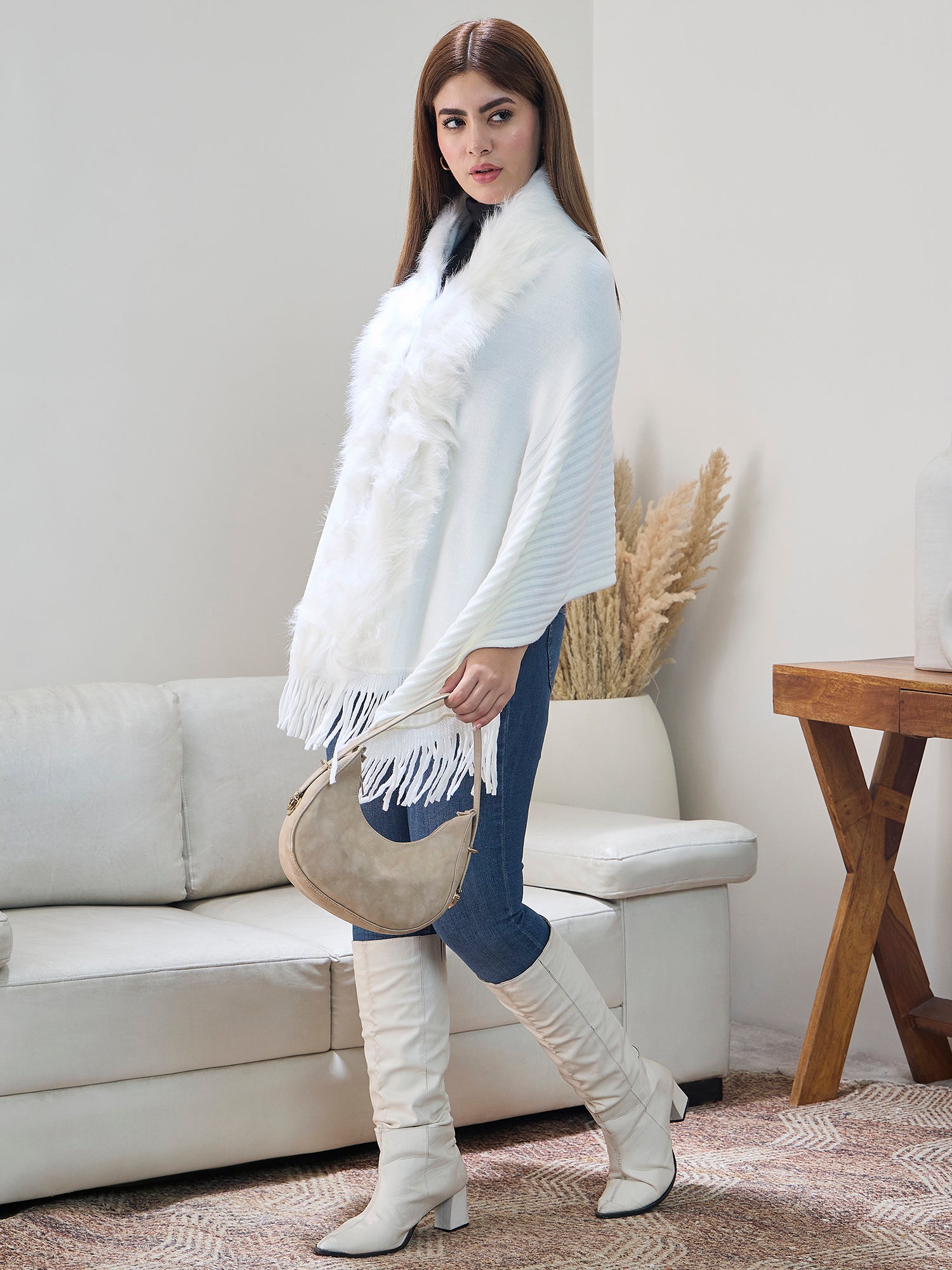 White Striped Fur Poncho