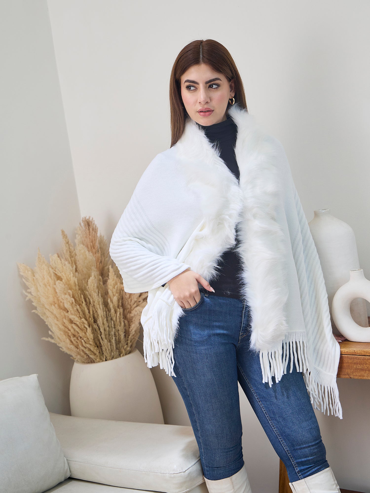 White Striped Fur Poncho