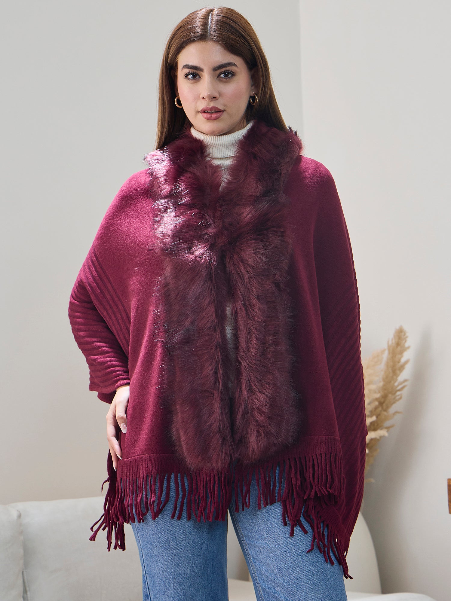 Burgundy Striped Fur Poncho