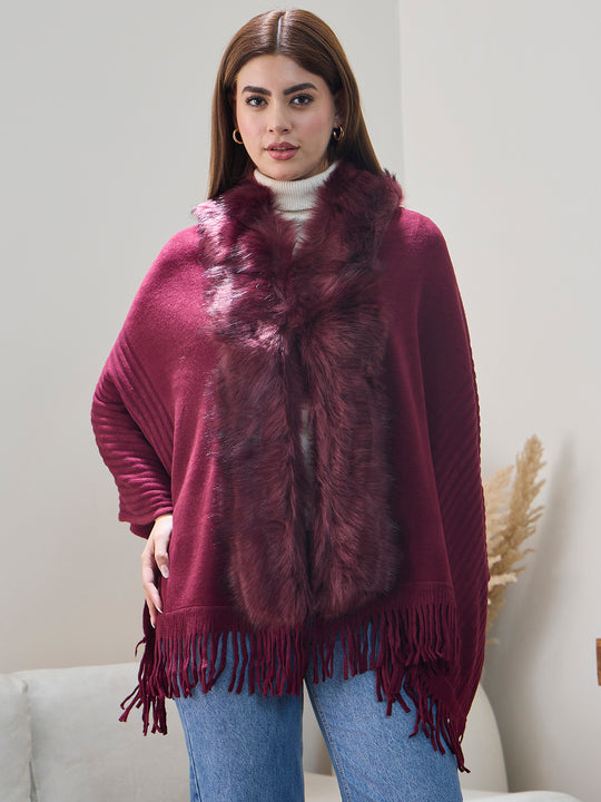 Burgundy Striped Fur Poncho