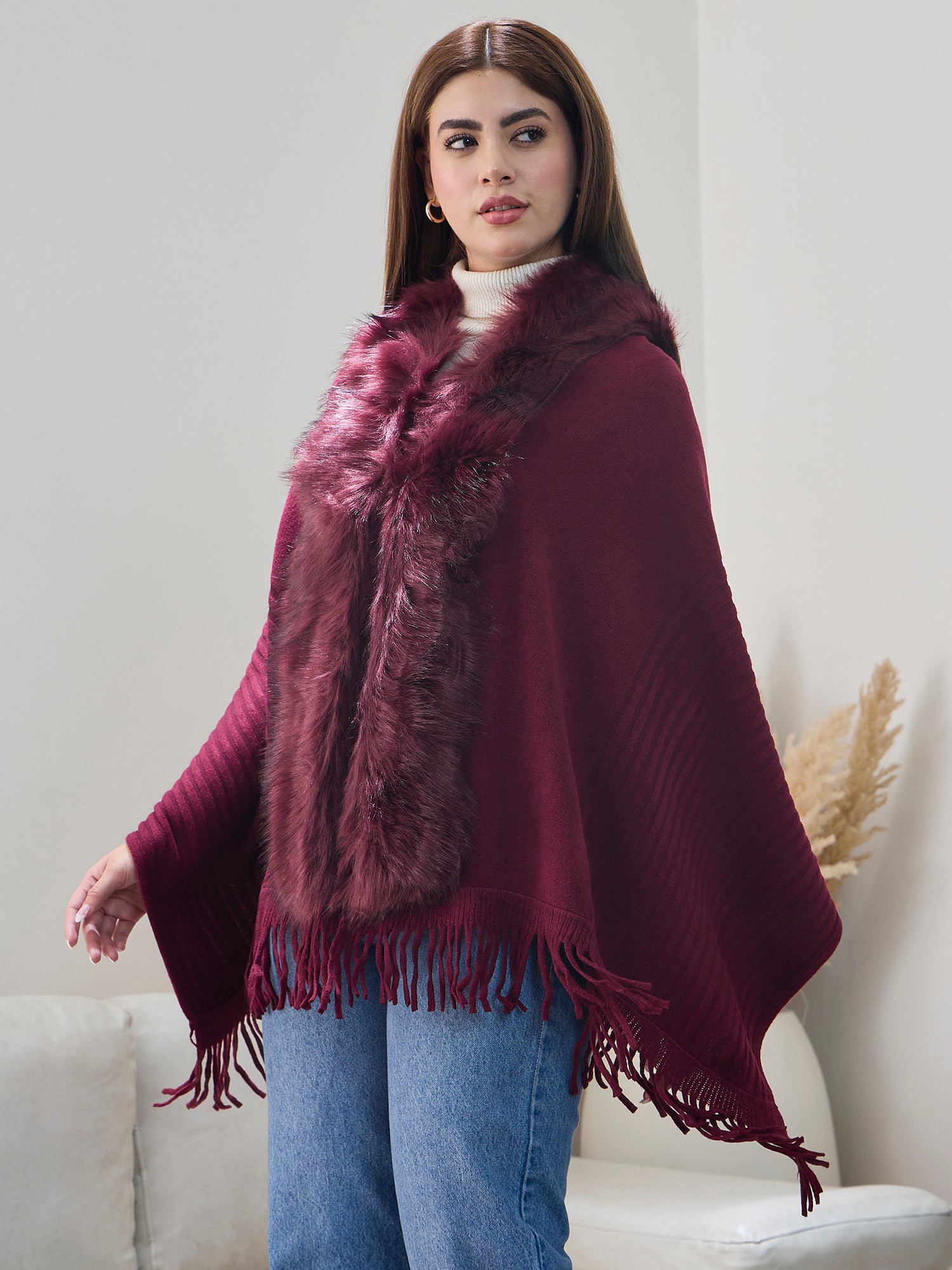 Burgundy Striped Fur Poncho