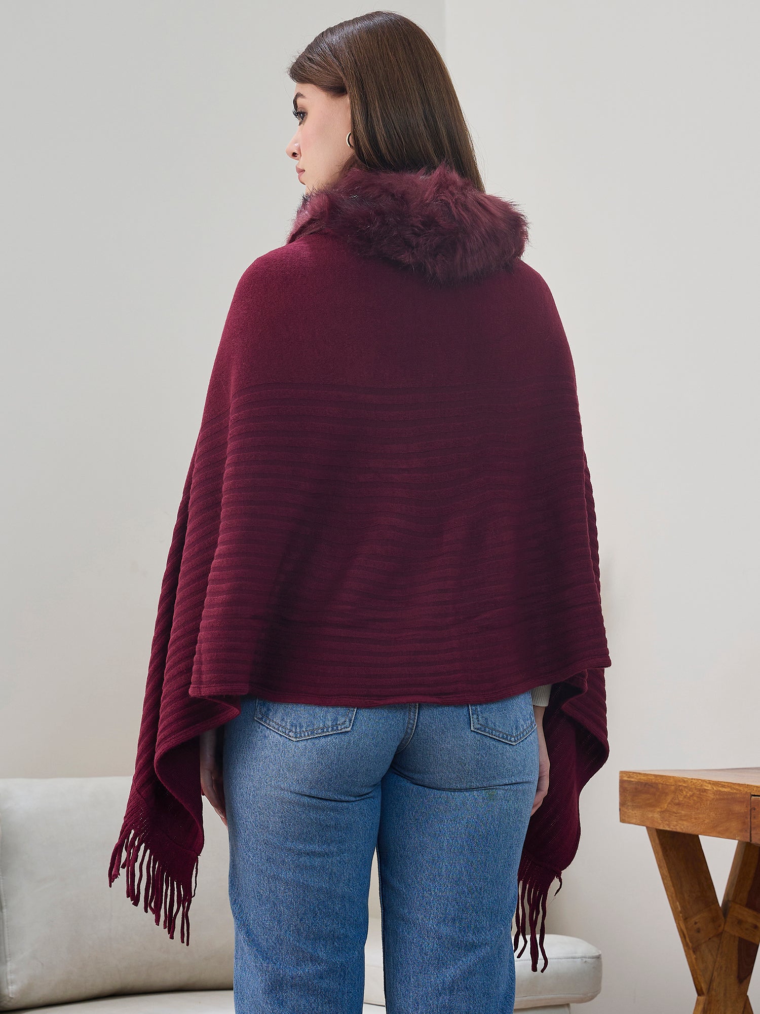 Burgundy Striped Fur Poncho