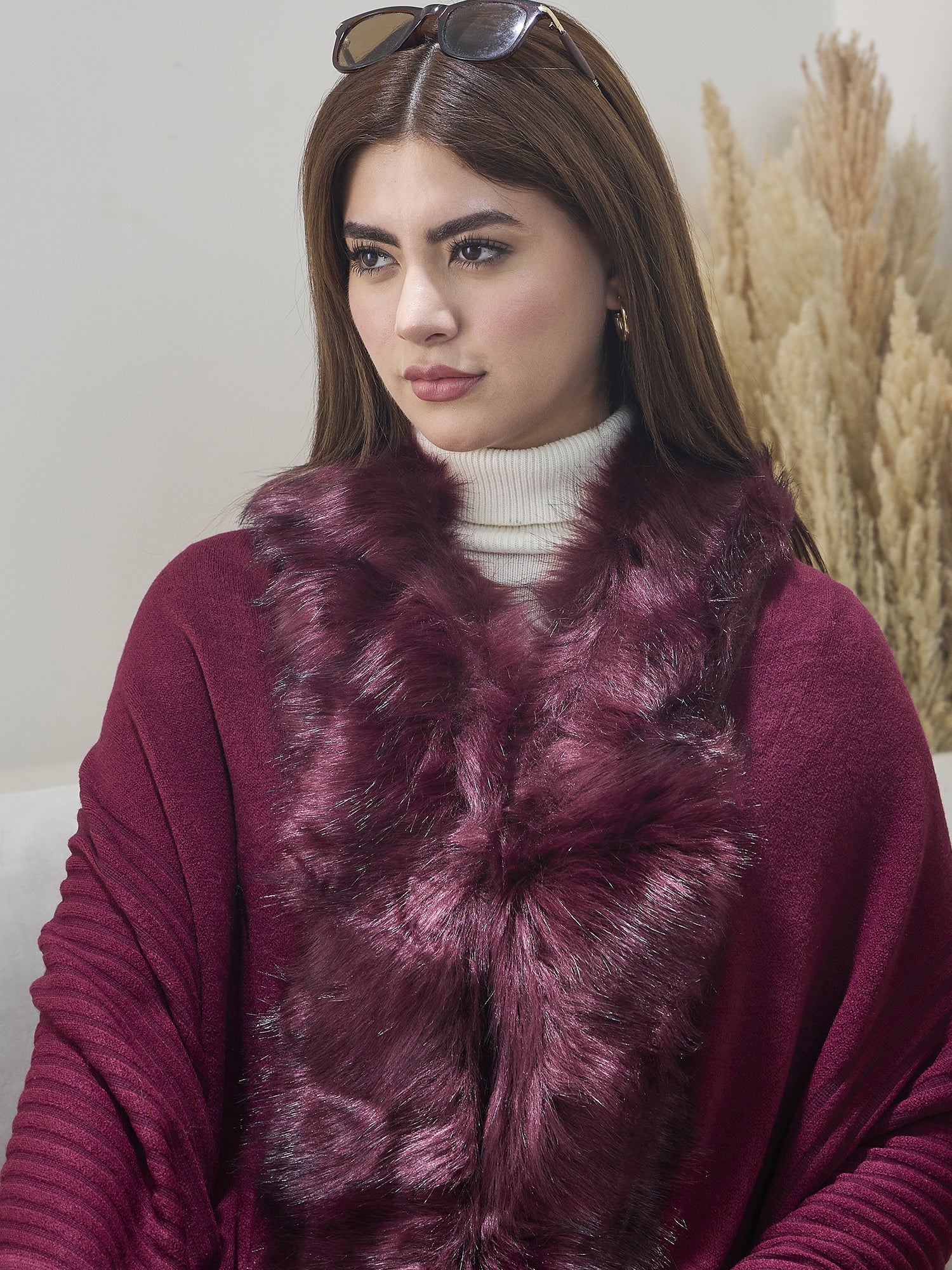 Burgundy Striped Fur Poncho