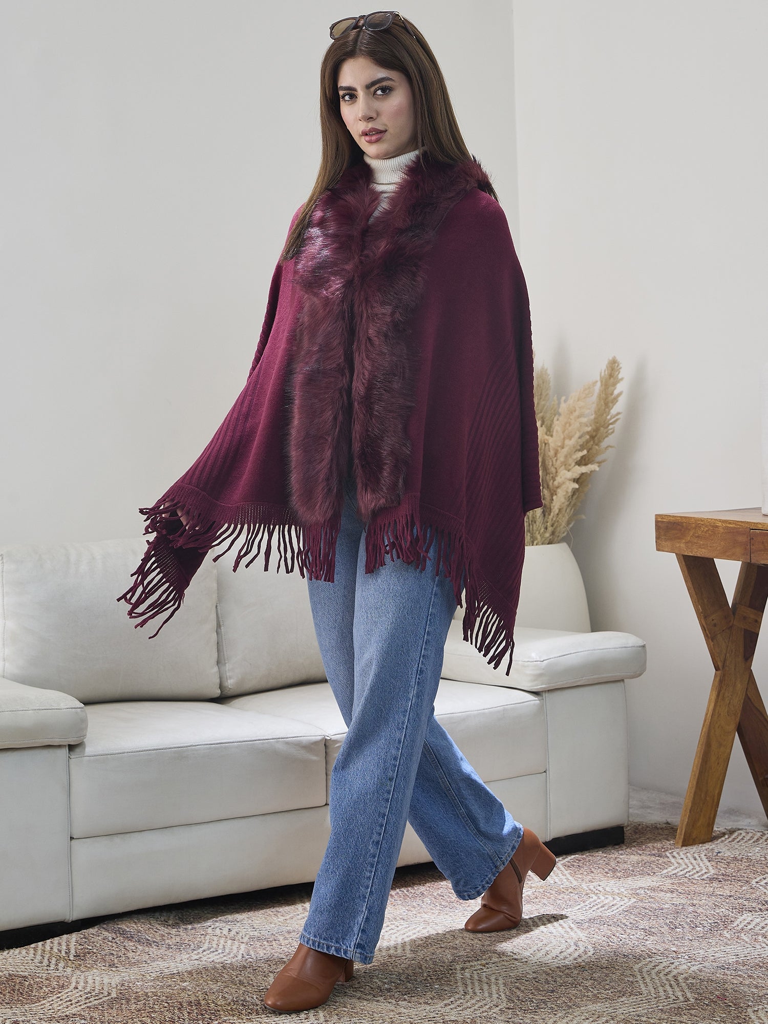 Burgundy Striped Fur Poncho
