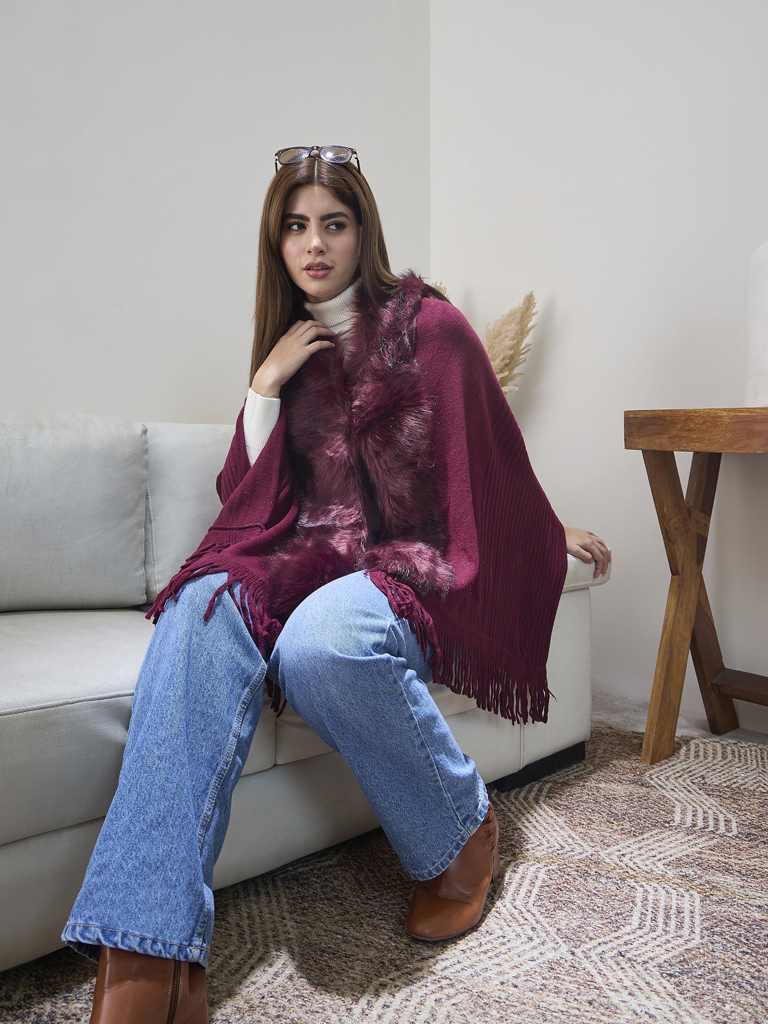 Burgundy Striped Fur Poncho