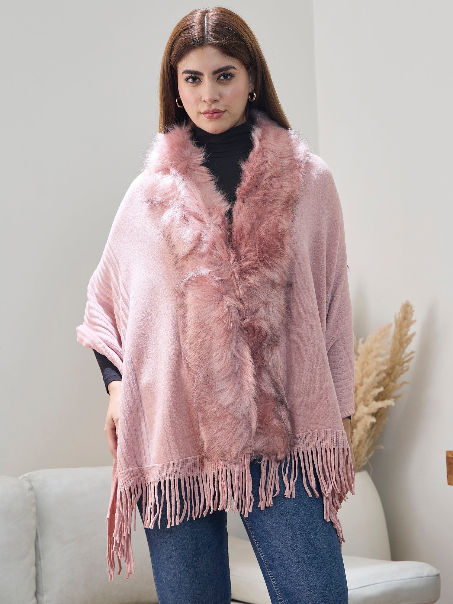 Light Pink Striped Fur Poncho