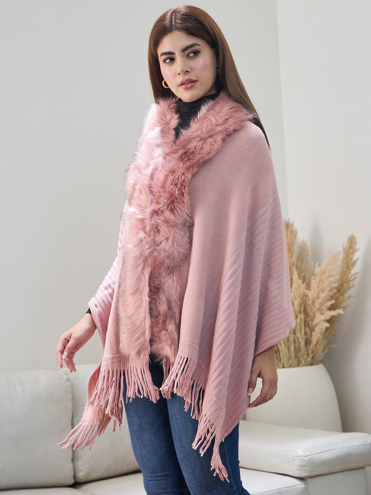 Light Pink Striped Fur Poncho