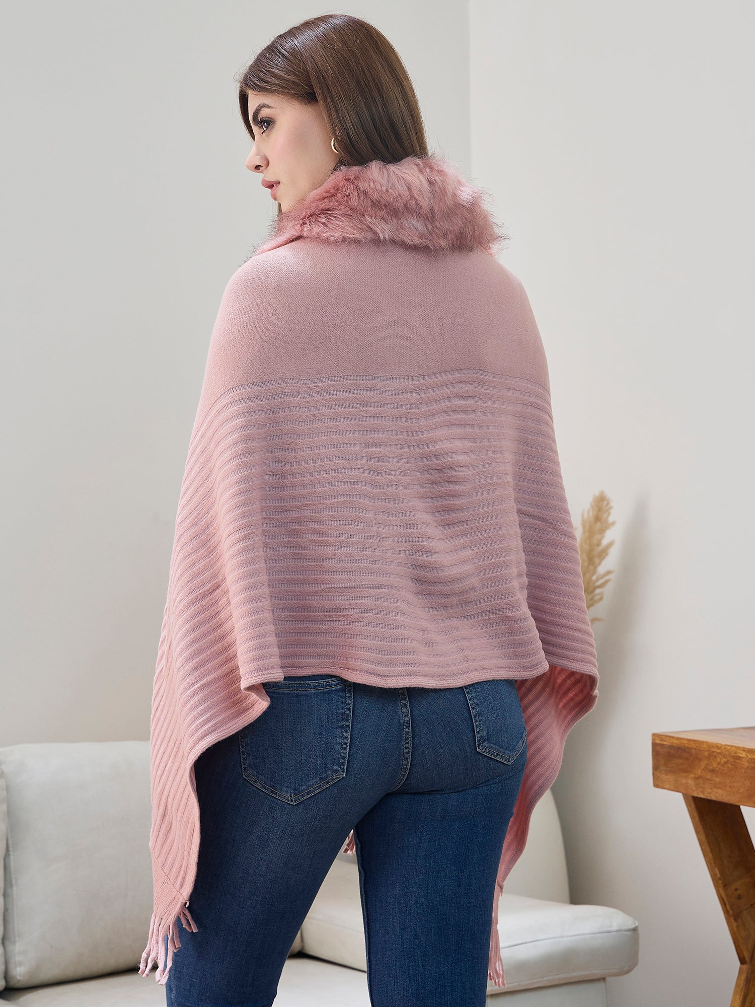 Light Pink Striped Fur Poncho