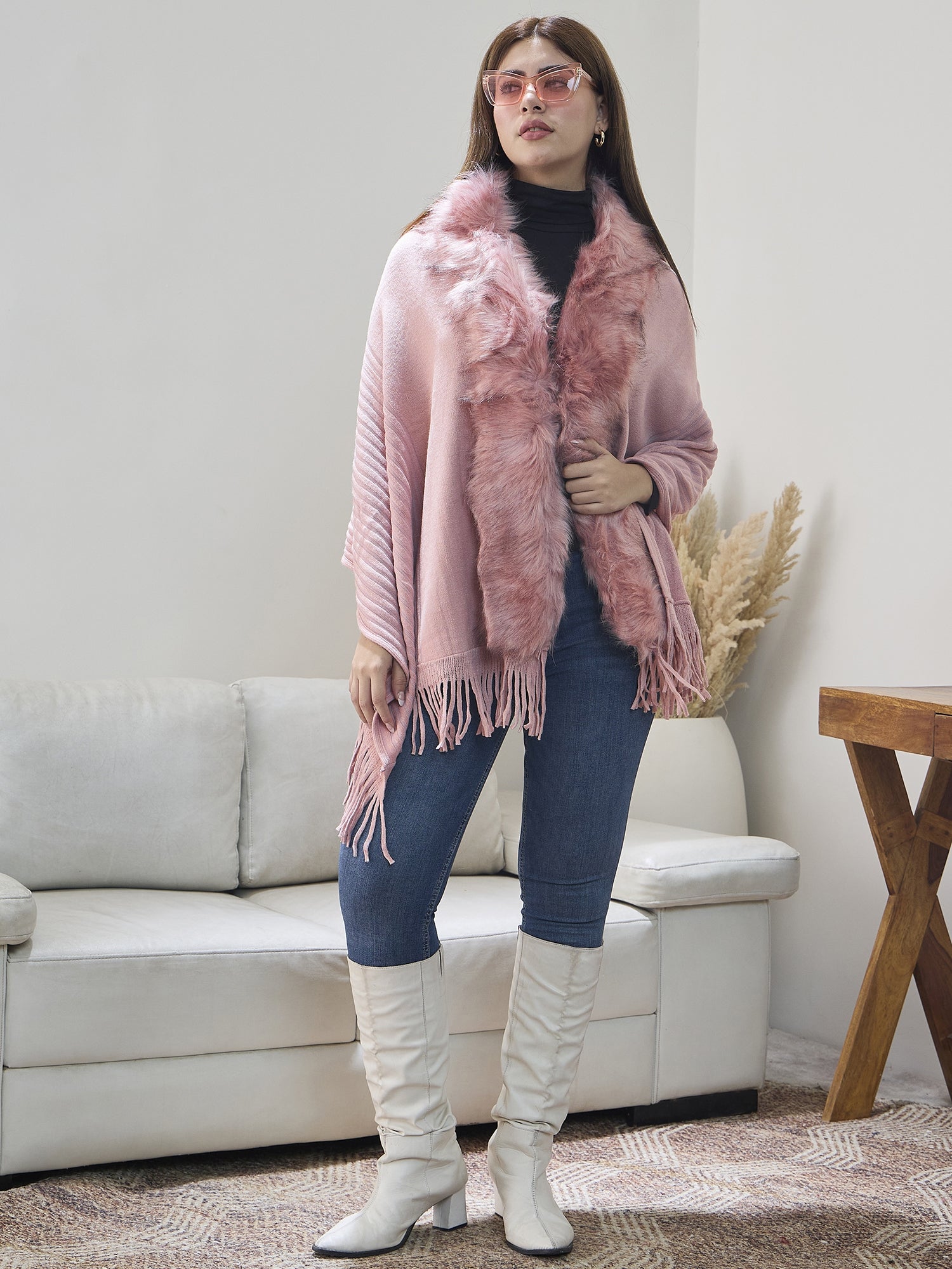 Light Pink Striped Fur Poncho