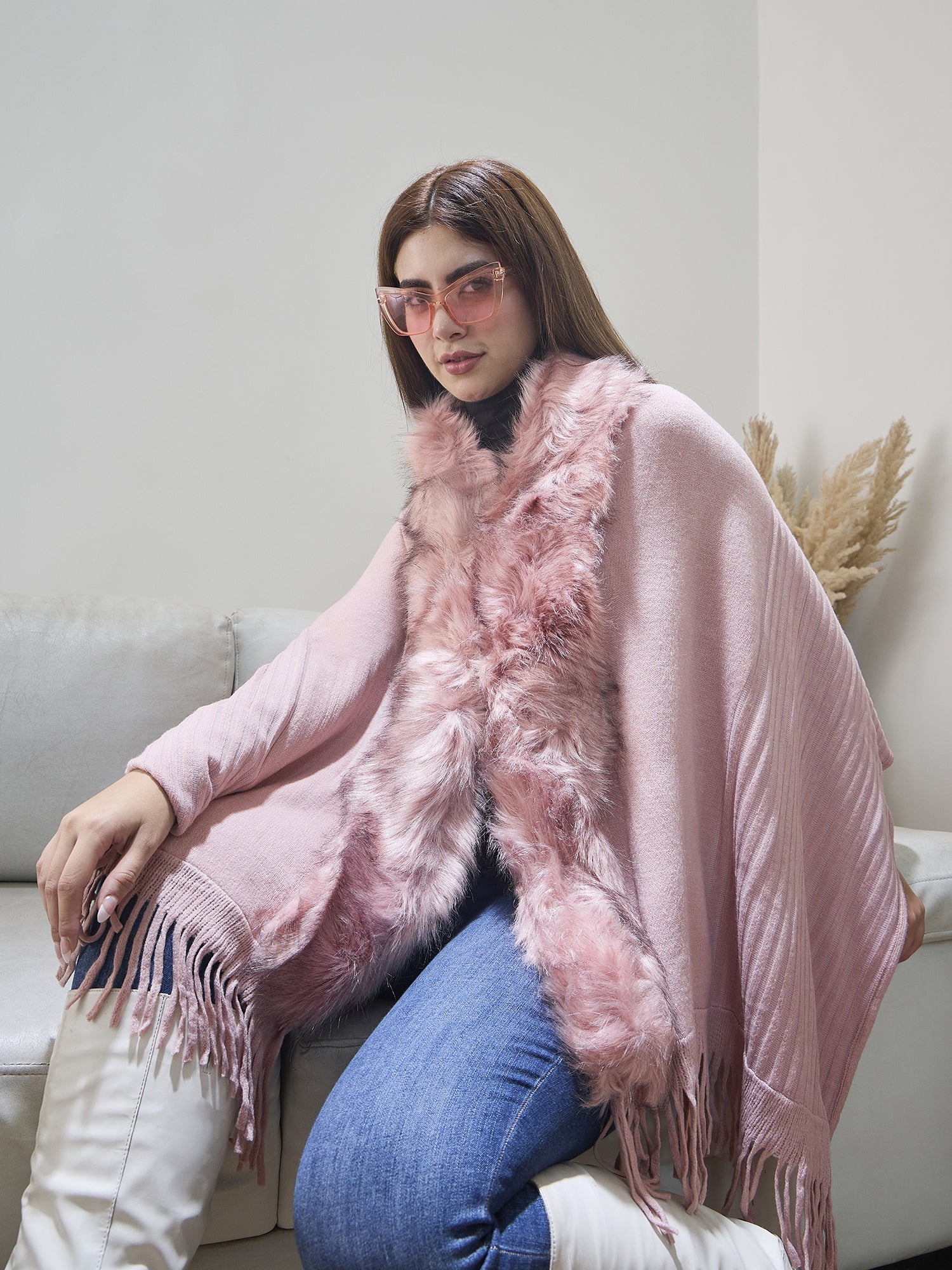 Light Pink Striped Fur Poncho