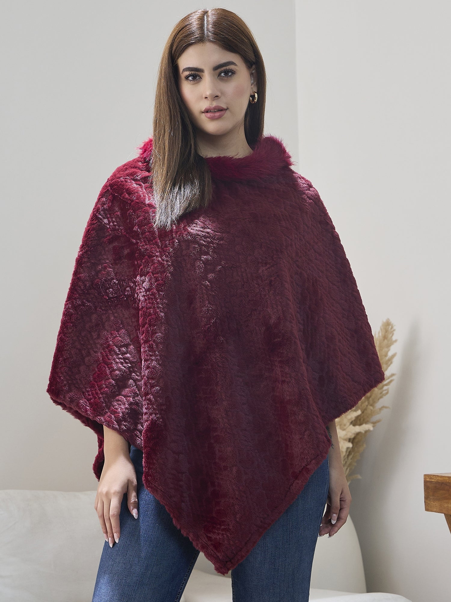Burgundy Fur Poncho