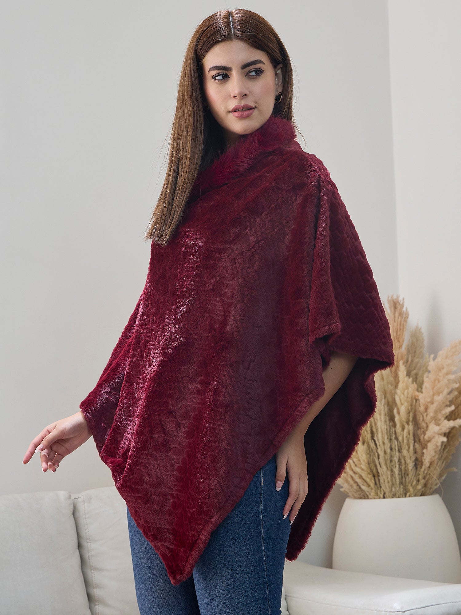 Burgundy Fur Poncho