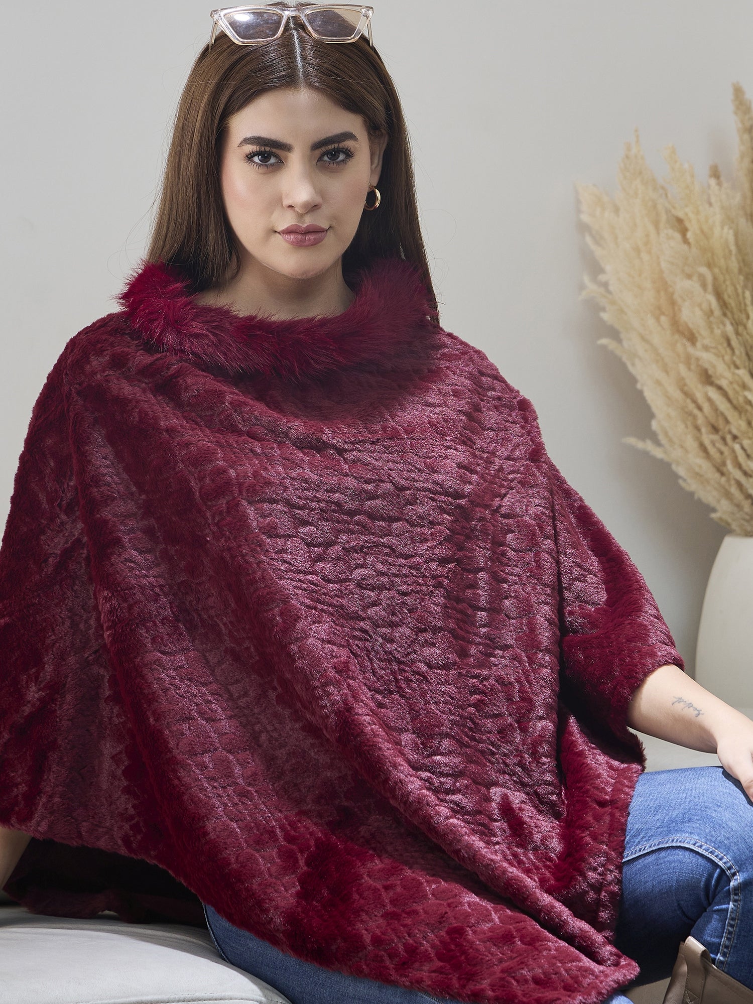 Burgundy Fur Poncho