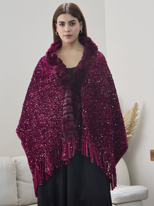 Maroon Sequence Fur Poncho