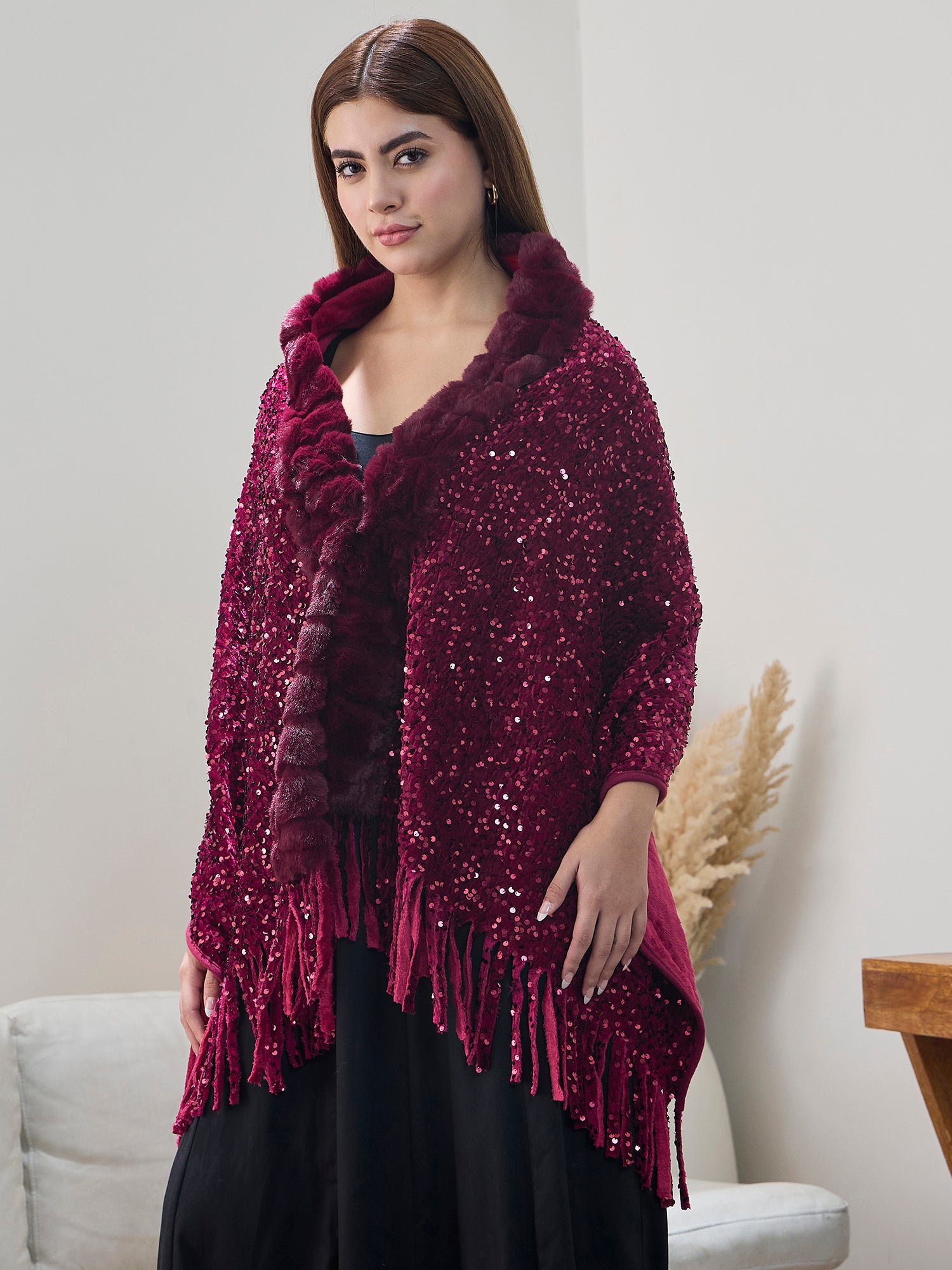 Maroon Sequence Fur Poncho