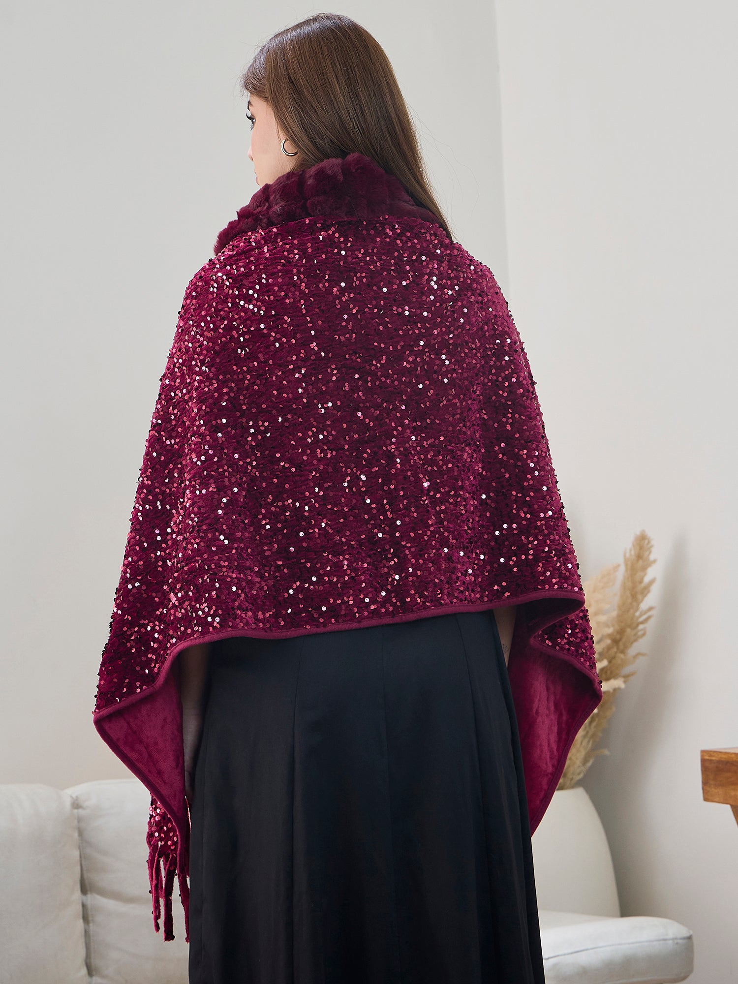 Maroon Sequence Fur Poncho