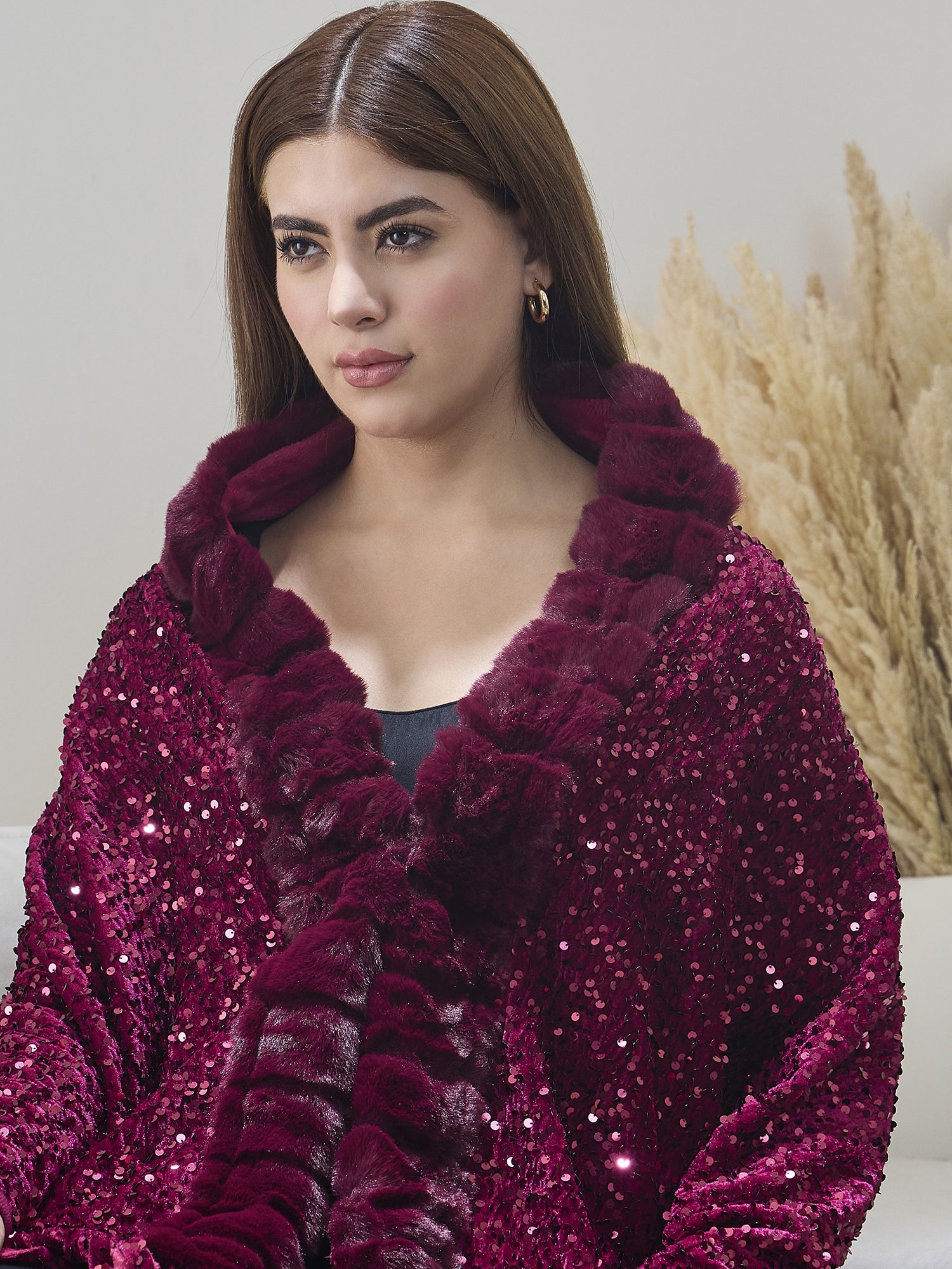 Maroon Sequence Fur Poncho