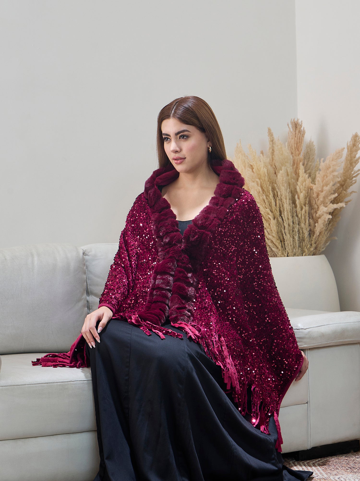 Maroon Sequence Fur Poncho