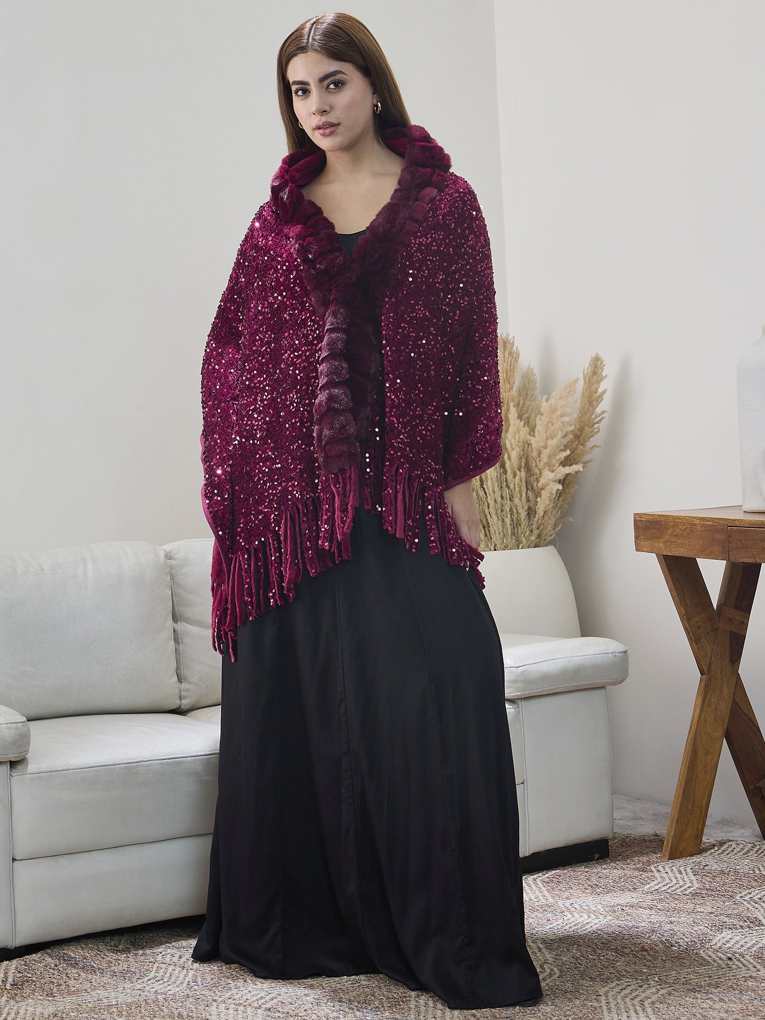 Maroon Sequence Fur Poncho