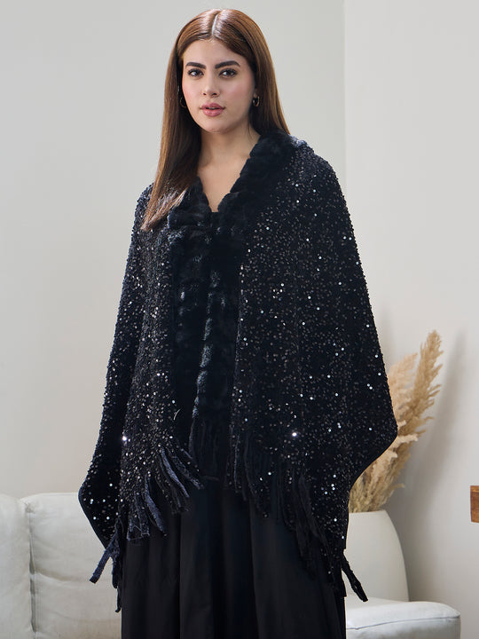 Black Sequence Fur Poncho