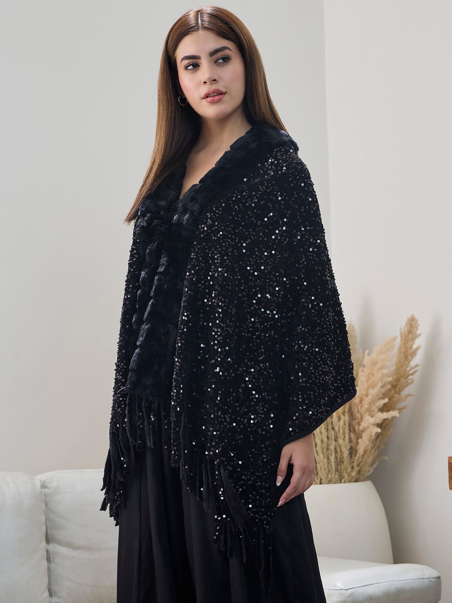 Black Sequence Fur Poncho